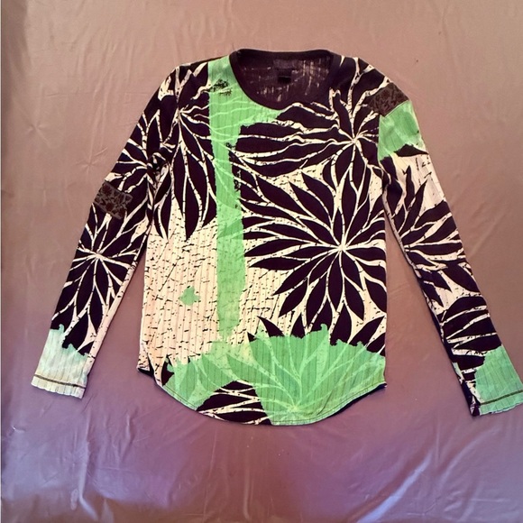 Custo Barcelona Black/Green Leaf Print Long Sleeve Top Size 2/Medium MSRP $350 - Picture 2 of 10